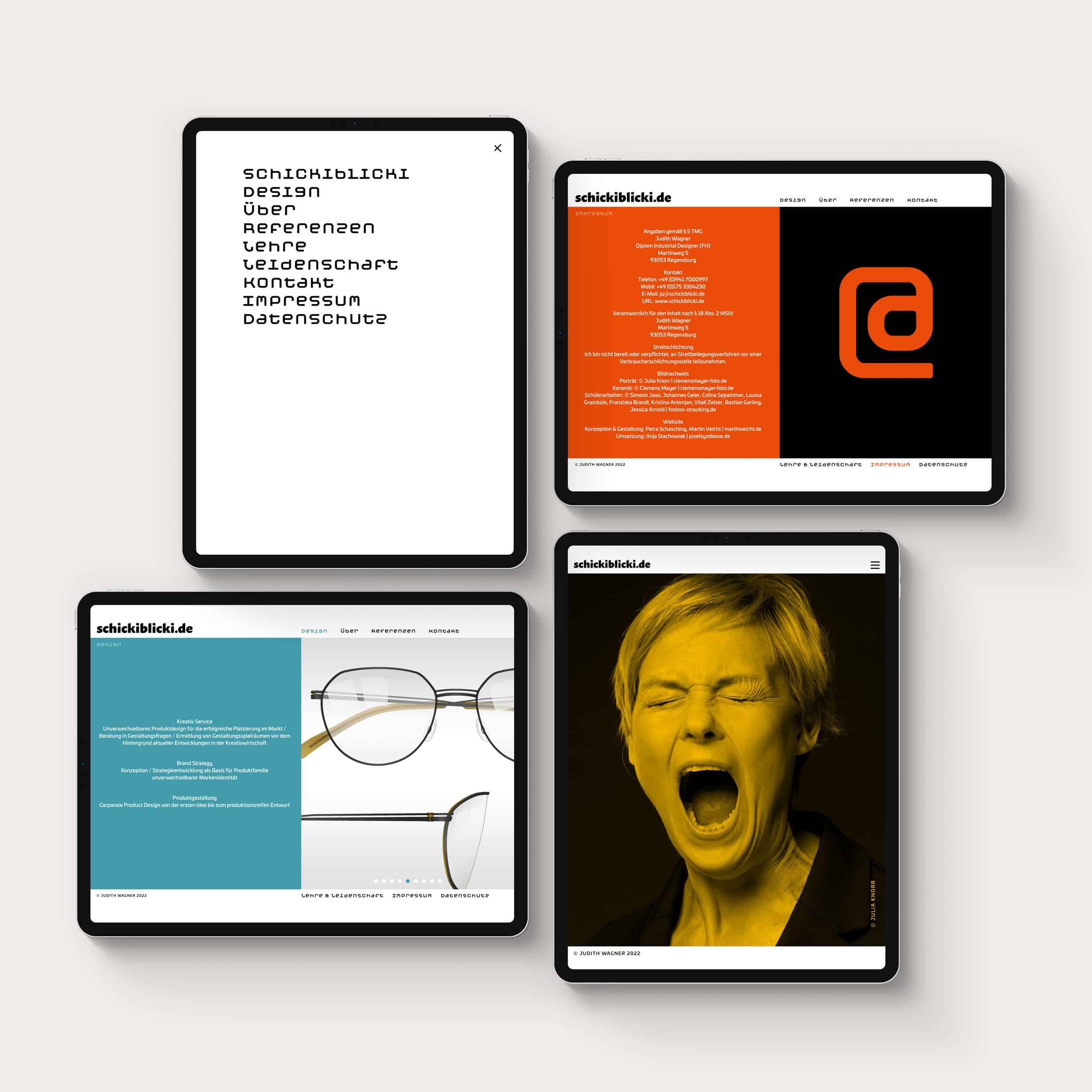4 Seitenansichten der Website schickiblicki.de für die Industriedesignerin Judtih Wagner. Die Seiten zeigen das Navigationsmenü, ein Portrait der Designerin und Textinhalte.